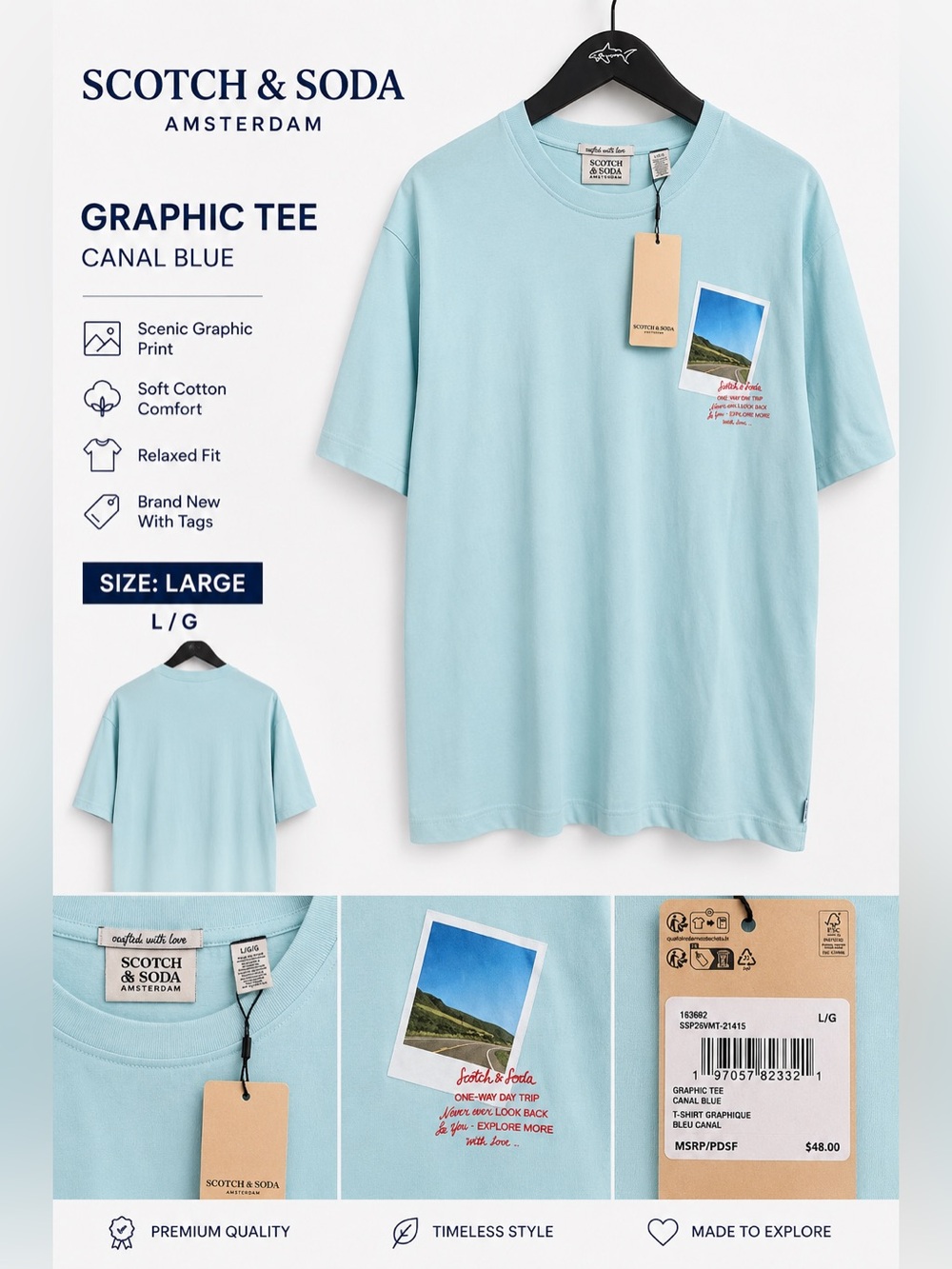 Scotch & Soda Amsterdam Graphic Tee Men’s Large Canal Blue NWT Road Trip Shirt